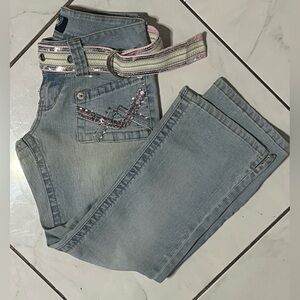 Angels Jeans pink blue crystal sequin flare Capri denim hipster stretch pants